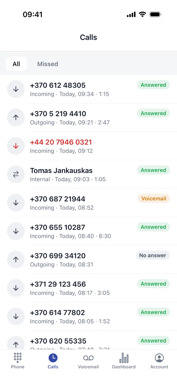 SmartOn PBX programėlė · Skambučiai